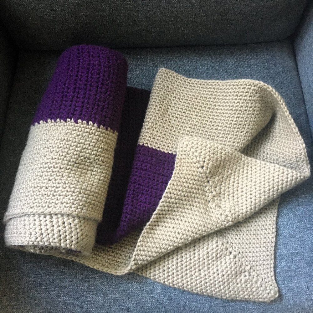 Hand Crocheted Two Tone Eggplant Purple Tan Border Rectangular Lap Blanket